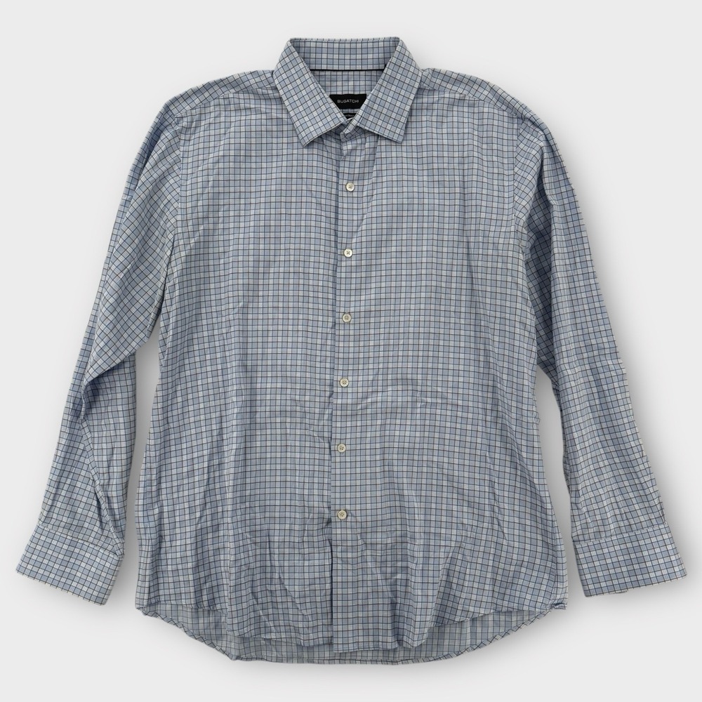 Bugatchi Button Down Shirt Mens 17.5 36/37 Blue Comfort Stretch Plaid LS Work